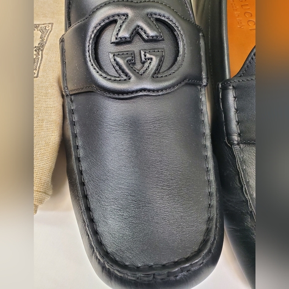 GUCCI AYRTON BLACK SOFT LEATHER INTEROCKING G DRIVER MOCCASINS SHOES SZ UK/G 10+ - Picture 3 of 10